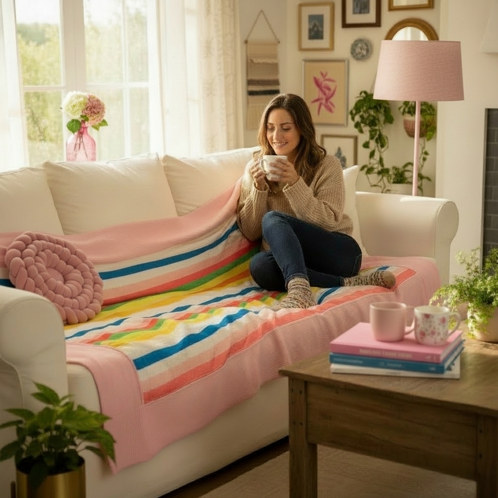 VTG‎ Rainbow Quilted Comforter thin Twin Full Size Pink Striped Retro Pink